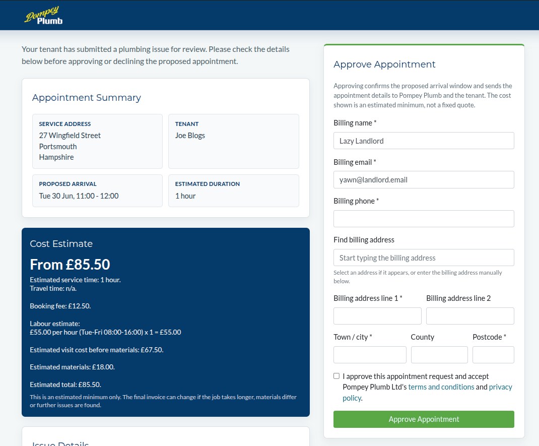 Landlord review page showing tenant report summary, estimate and approval form
