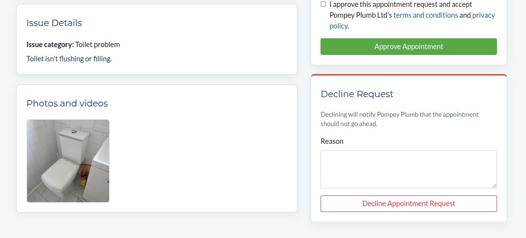 Landlord review page showing tenant issue details and uploaded photo
