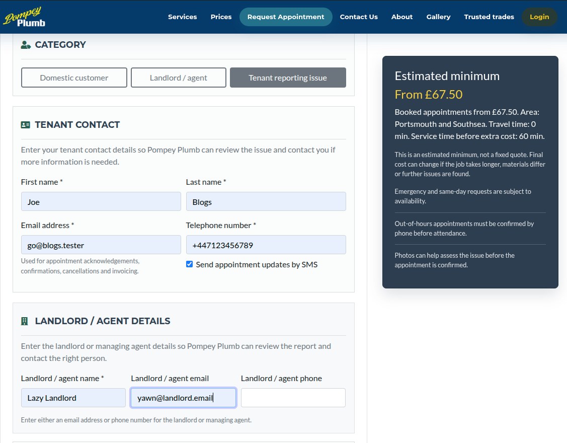 Tenant report form showing tenant contact details and landlord or agent details